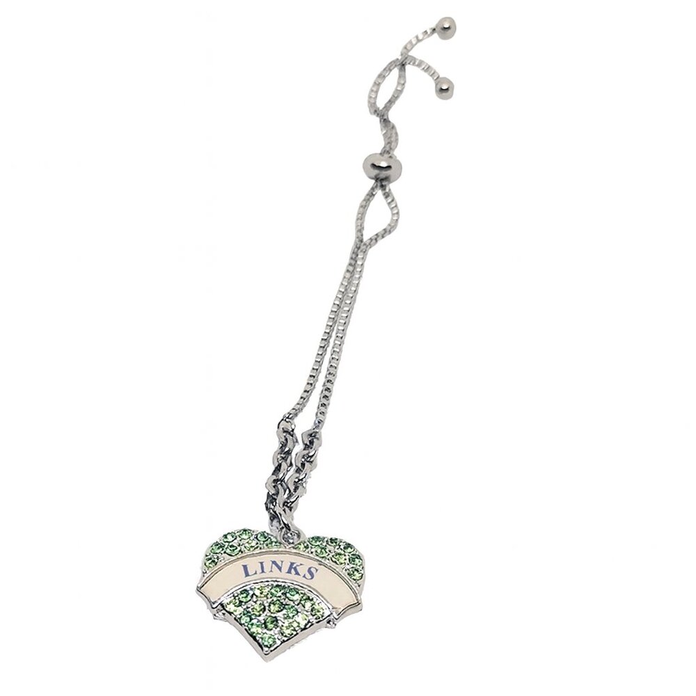 Silver Bracelet with Green Heart Charm – New with Bag, “Links” Design